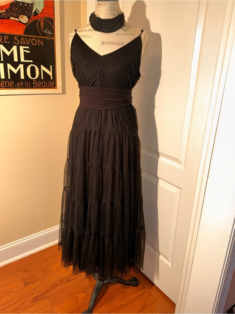 Lulu's Black Spaghetti-Strap Tiered Dot Mesh Maxi Dress with Ruched Sash
